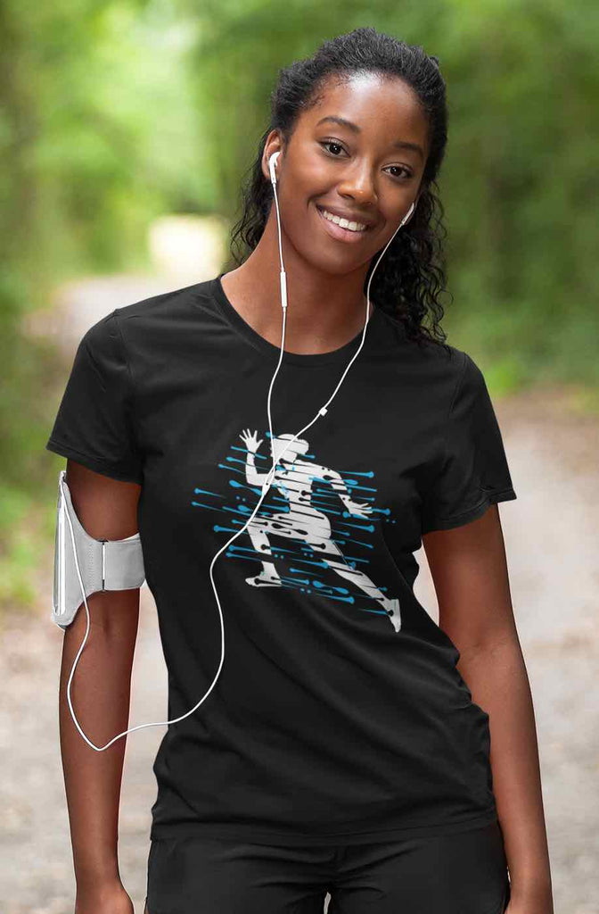 Womens 100m Dash T-shirt, Black short sleeve shirt worn by an african american female athlete