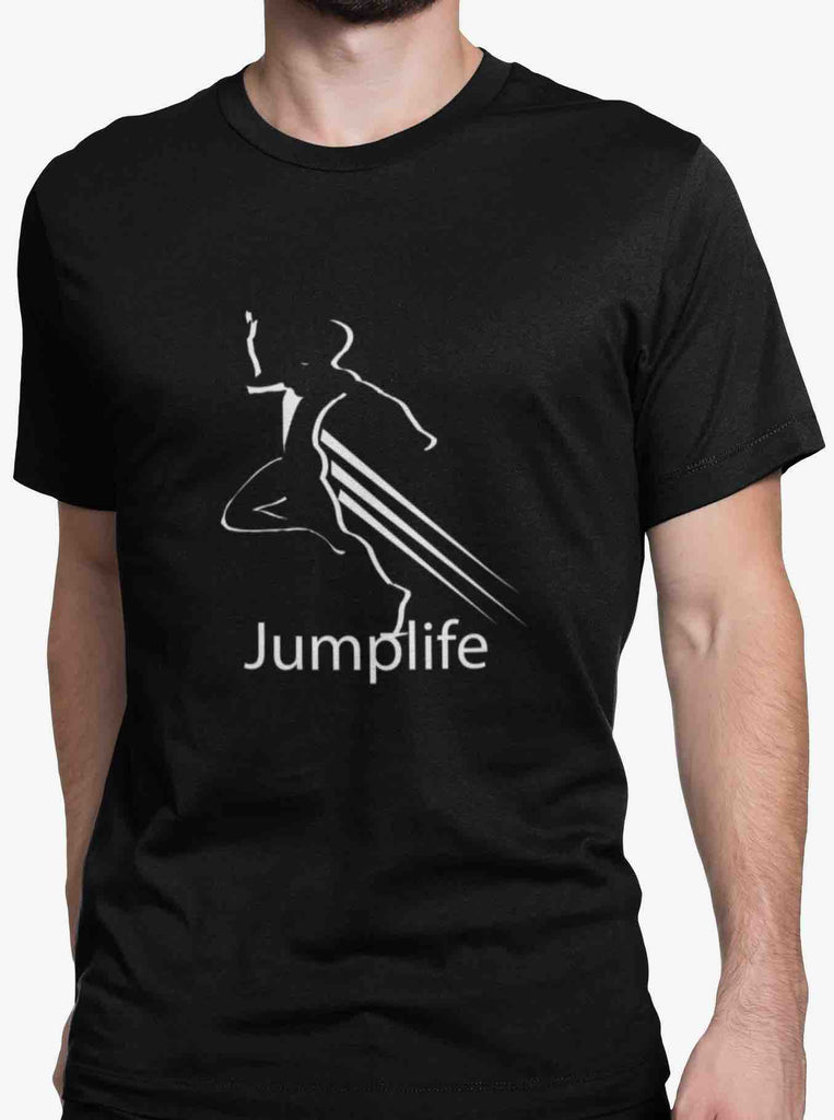I Track And Field Women’s apparel men’s apparel T-shirt unisex loungewear fitness gear sportswear black high jumper jump take off  athlete clothing clothes shirts tops active wear short sleeve  motivational motivation graphic tee